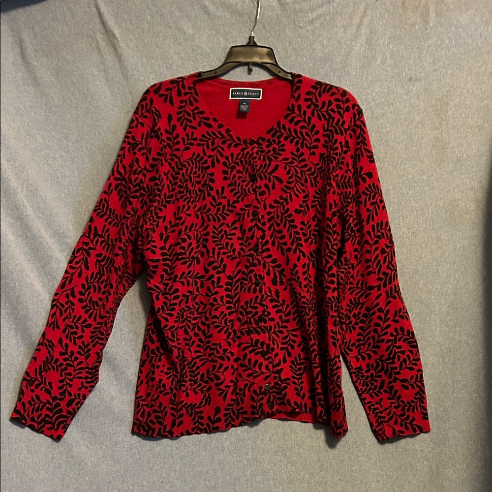 Karen Scott Red Vines Printed cardigan size xl very GUC